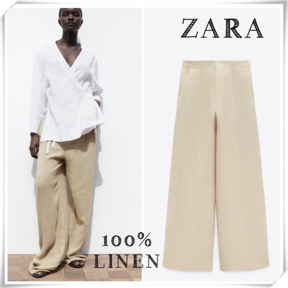 ZARA High Rise Linen Wide Legs Trousers Pants in Natural Beige New Size M